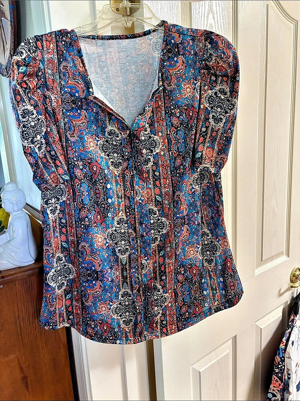 Paisley V-Neck Blouse in Blue & Red Like New